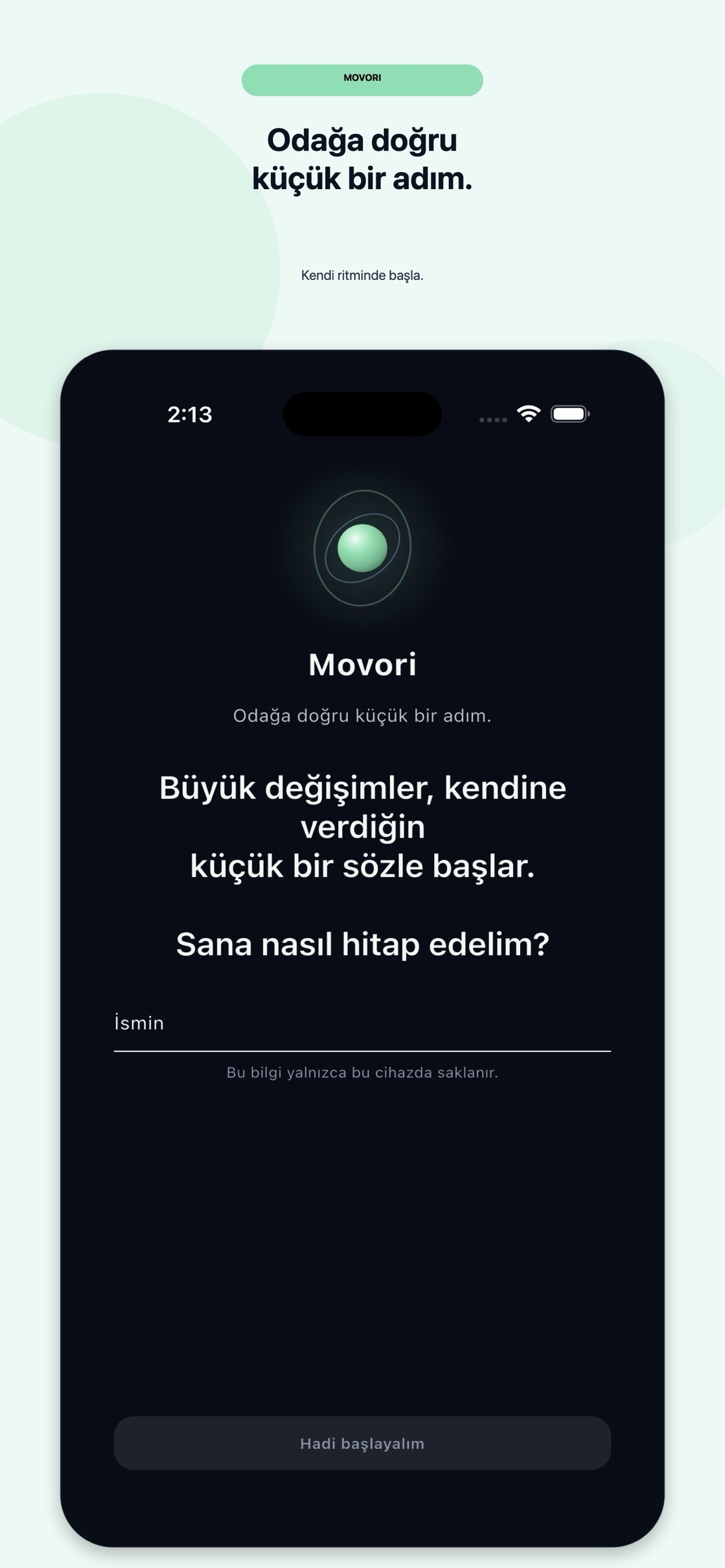 Movori karşılama ve küçük adımla başlama ekranı